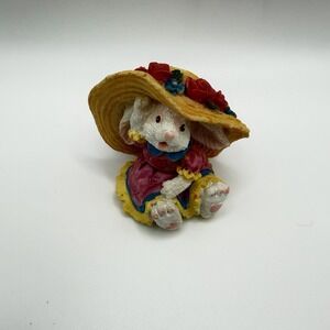 VTG Figure Hand Painted White Bunny Wearing A Hat With Roses And A Pink Dress
